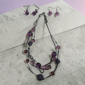 Purple Beaded Necklace & Earrings Set Gunmetal Tone Faceted Crystal Statement